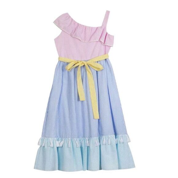 Rare Editions Little Girls Ruffle Neckline Color Block Maxi Seersucker Dress 5 - Picture 1 of 9